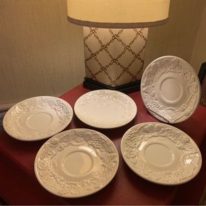 Set of 5 Anthropologie 6.5" Cream Color Saucer Plates with Raised Fruit Design